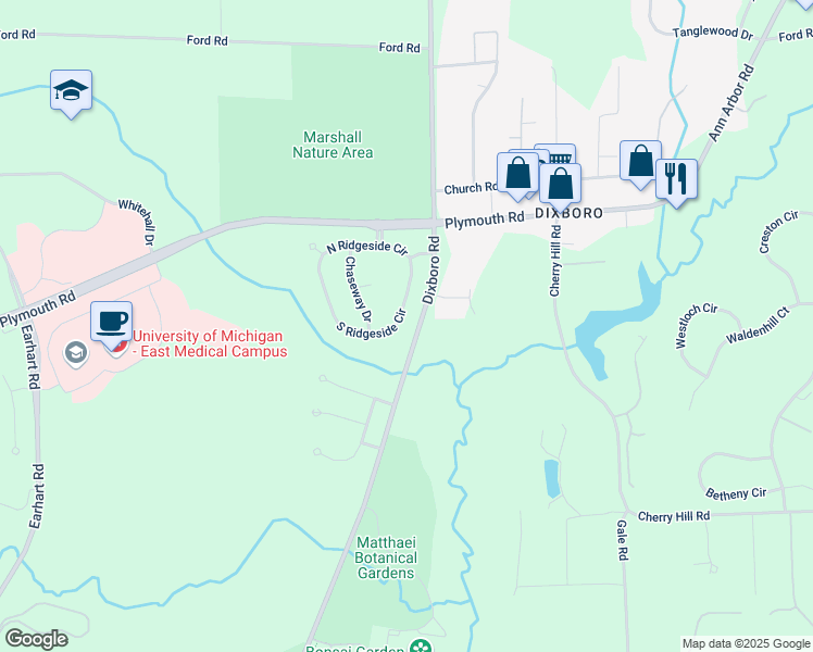map of restaurants, bars, coffee shops, grocery stores, and more near 4976 South Ridgeside Circle in Ann Arbor