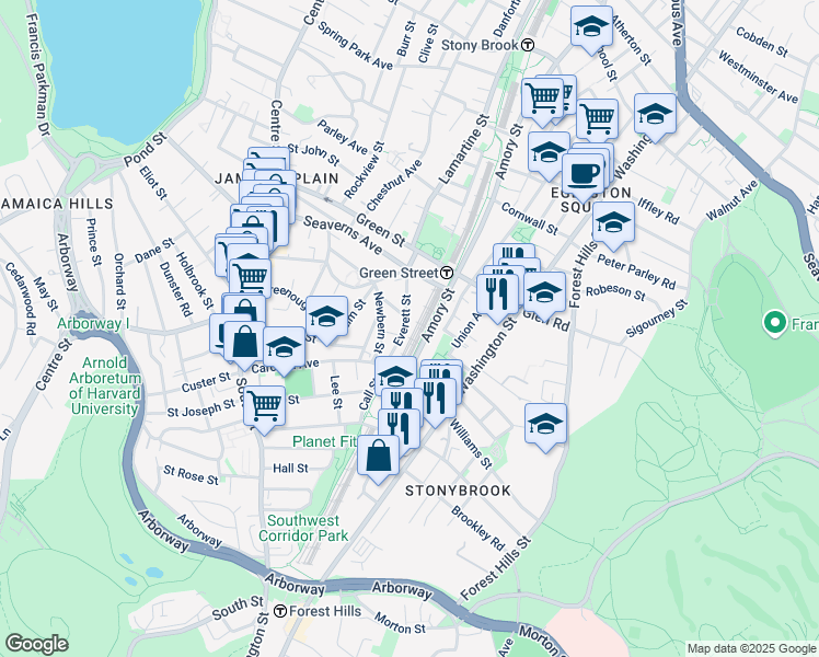 map of restaurants, bars, coffee shops, grocery stores, and more near 32 Everett Street in Boston