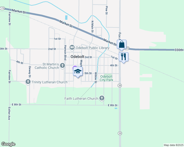 map of restaurants, bars, coffee shops, grocery stores, and more near 5th Street in Odebolt