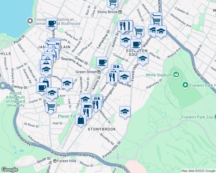 map of restaurants, bars, coffee shops, grocery stores, and more near 22A Union Avenue in Boston