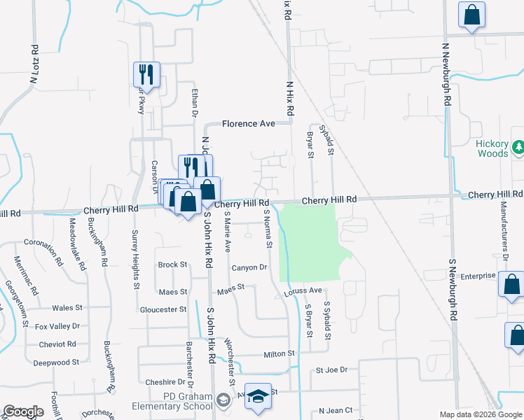 map of restaurants, bars, coffee shops, grocery stores, and more near 38501 Cherry Hill Road in Westland