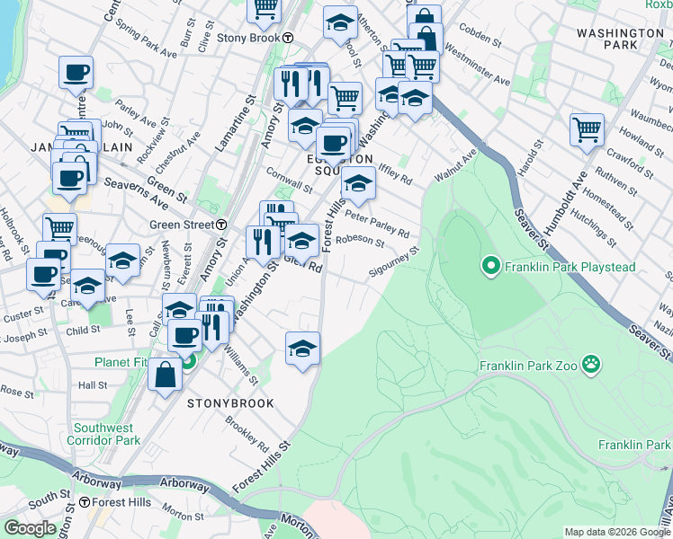 map of restaurants, bars, coffee shops, grocery stores, and more near 42 Glen Road in Boston