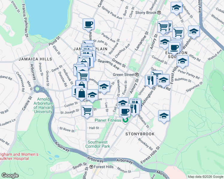 map of restaurants, bars, coffee shops, grocery stores, and more near 76 Elm Street in Jamaica Plain