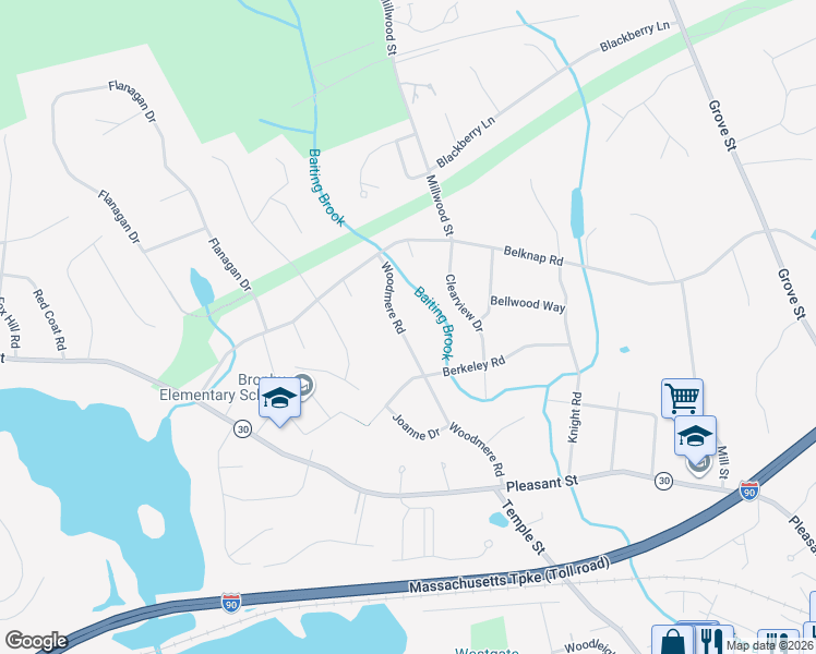 map of restaurants, bars, coffee shops, grocery stores, and more near 14 Woodmere Road in Framingham
