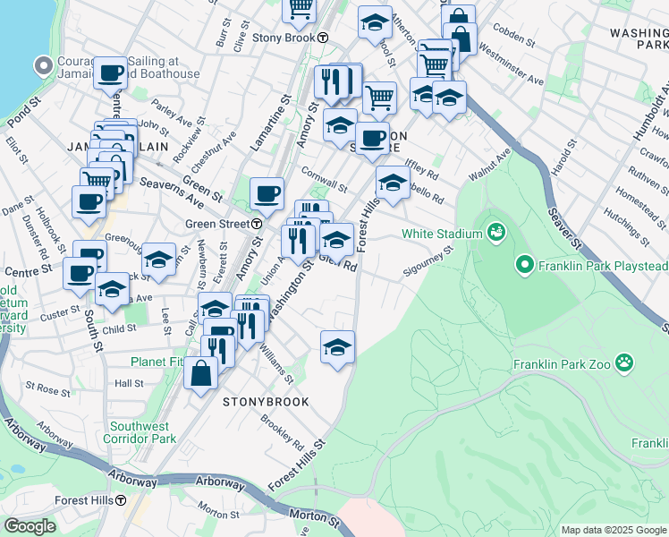 map of restaurants, bars, coffee shops, grocery stores, and more near 25 Glen Road in Boston