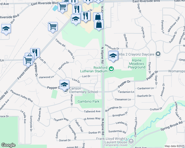 map of restaurants, bars, coffee shops, grocery stores, and more near 4420 Lori Drive in Rockford