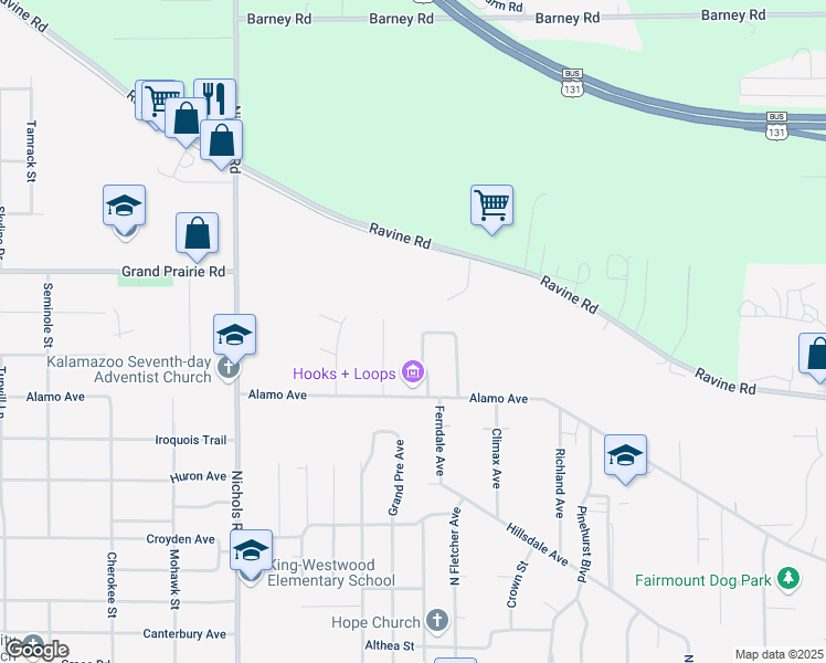 map of restaurants, bars, coffee shops, grocery stores, and more near 1729 Melcrest Street in Kalamazoo