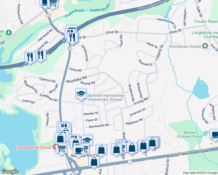 map of restaurants, bars, coffee shops, grocery stores, and more near 12 Dwight Avenue in Natick