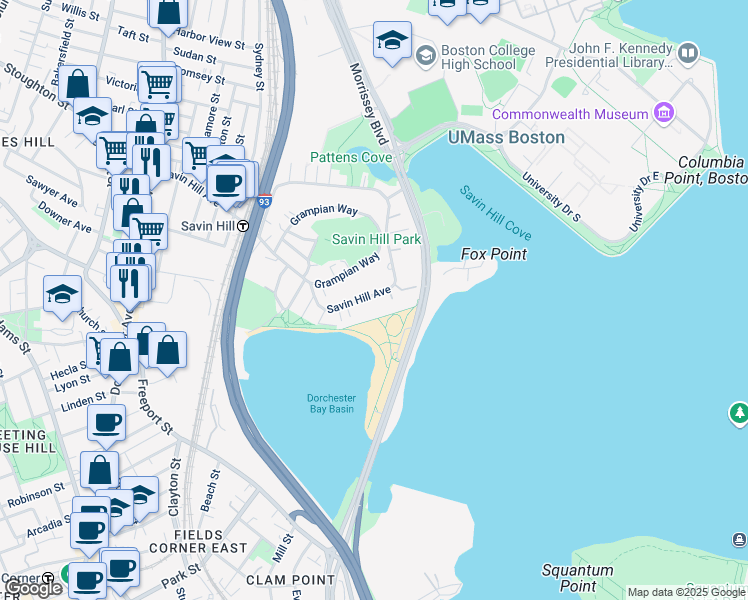 map of restaurants, bars, coffee shops, grocery stores, and more near 219 Savin Hill Ave in Boston