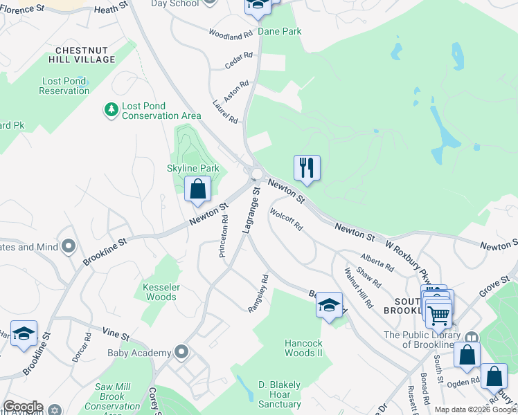 map of restaurants, bars, coffee shops, grocery stores, and more near 37 Wolcott Road in Brookline