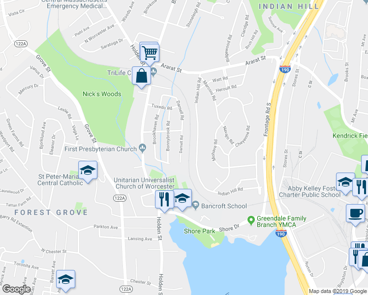 map of restaurants, bars, coffee shops, grocery stores, and more near 71 Darnell Road in Worcester