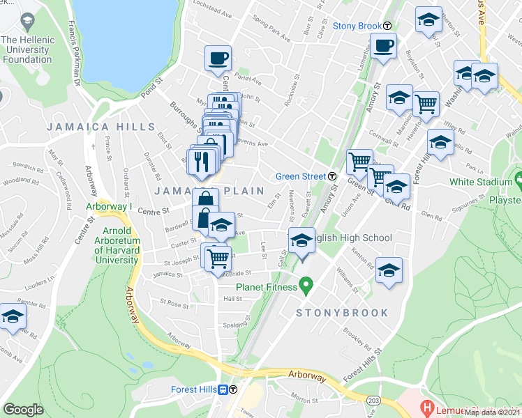 map of restaurants, bars, coffee shops, grocery stores, and more near 83 Elm Street in Boston