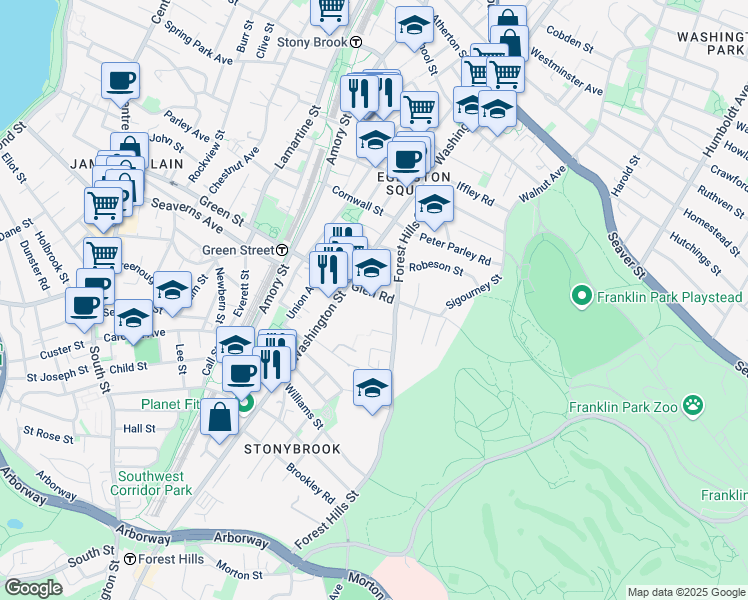 map of restaurants, bars, coffee shops, grocery stores, and more near 25 Glen Road in Boston