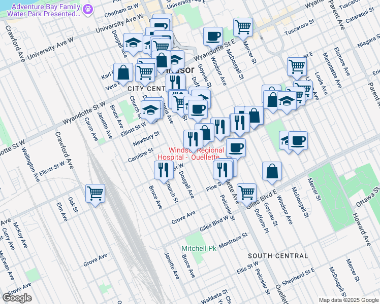 map of restaurants, bars, coffee shops, grocery stores, and more near 970 Victoria Avenue in Windsor