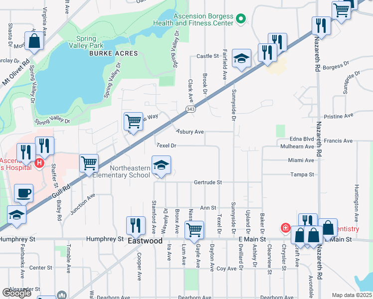 map of restaurants, bars, coffee shops, grocery stores, and more near 2624 Texel Drive in Kalamazoo