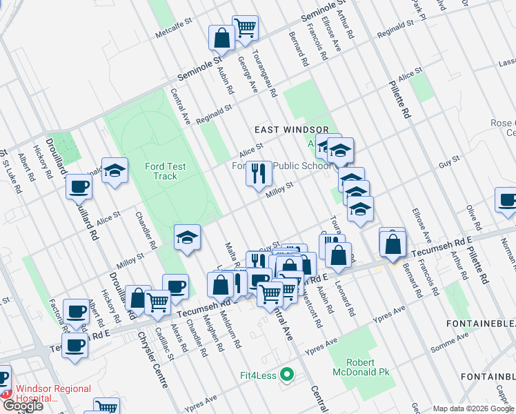 map of restaurants, bars, coffee shops, grocery stores, and more near 1802 Labadie Road in Windsor