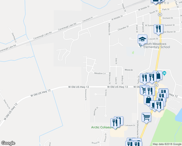 map of restaurants, bars, coffee shops, grocery stores, and more near 1241 Meadow Lane in Chelsea