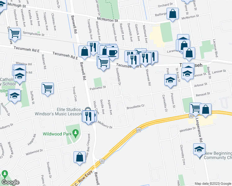 map of restaurants, bars, coffee shops, grocery stores, and more near 1294 Cardinal Crescent in Windsor