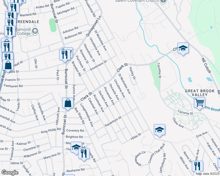 map of restaurants, bars, coffee shops, grocery stores, and more near 12 Osceola Avenue in Worcester
