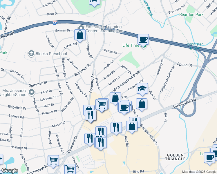 map of restaurants, bars, coffee shops, grocery stores, and more near 9 Debra Lane in Framingham