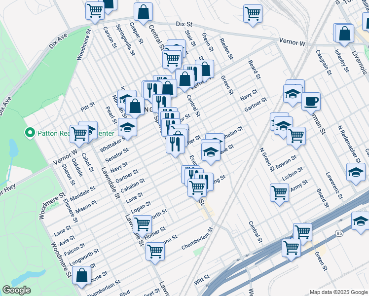 map of restaurants, bars, coffee shops, grocery stores, and more near 1688 Evans Street in Detroit