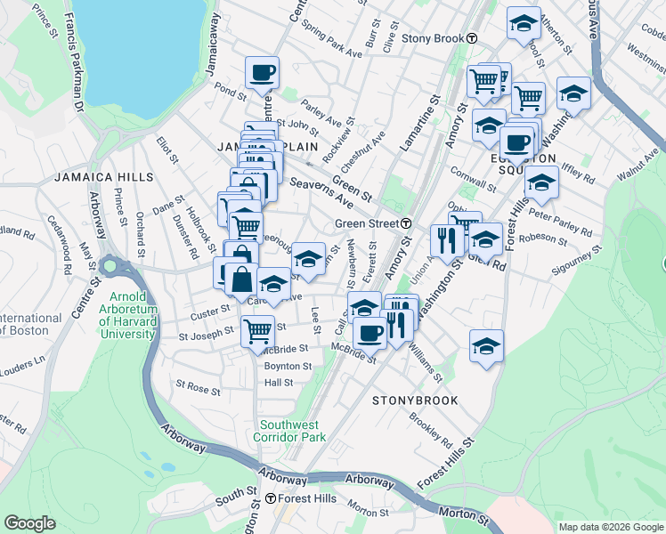 map of restaurants, bars, coffee shops, grocery stores, and more near 11 John A Andrew Street in Boston