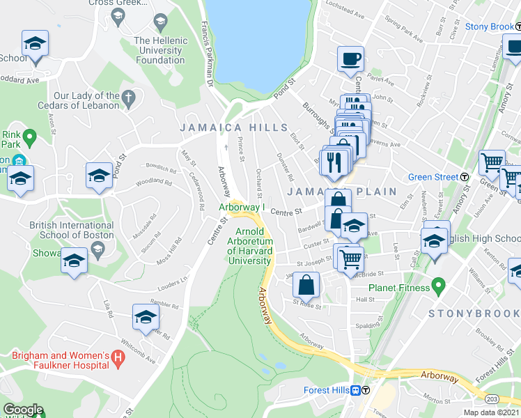 map of restaurants, bars, coffee shops, grocery stores, and more near Centre Street & Orchard Street in Boston
