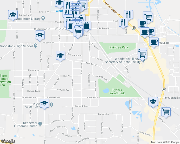map of restaurants, bars, coffee shops, grocery stores, and more near 610 Lawndale Avenue in Woodstock