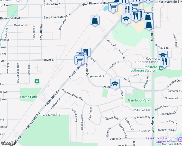 map of restaurants, bars, coffee shops, grocery stores, and more near 3753 Gina Terrace in Rockford
