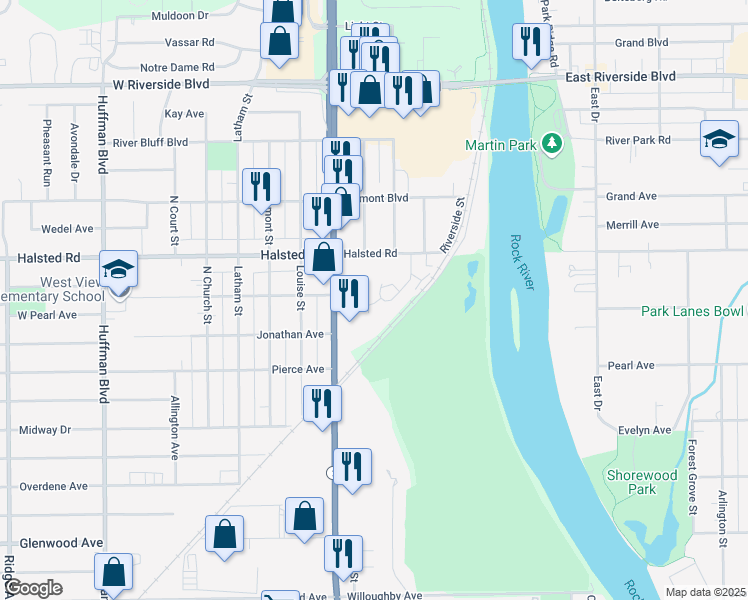 map of restaurants, bars, coffee shops, grocery stores, and more near 3319 Sun Valley Terrace in Rockford