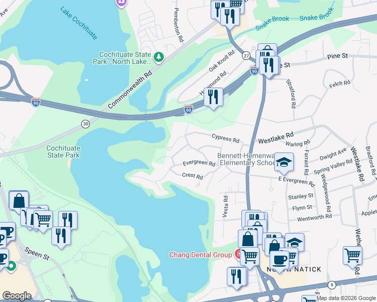 map of restaurants, bars, coffee shops, grocery stores, and more near 12 Magnolia Road in Natick