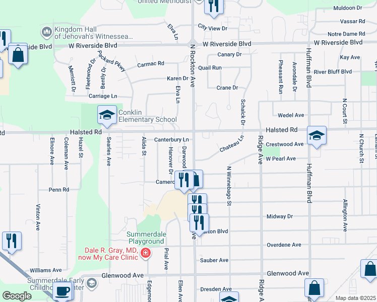map of restaurants, bars, coffee shops, grocery stores, and more near 3315 Darwood Drive in Rockford
