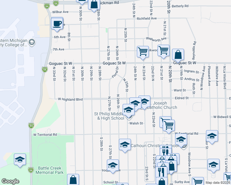 map of restaurants, bars, coffee shops, grocery stores, and more near 117 North 26th Street in Battle Creek