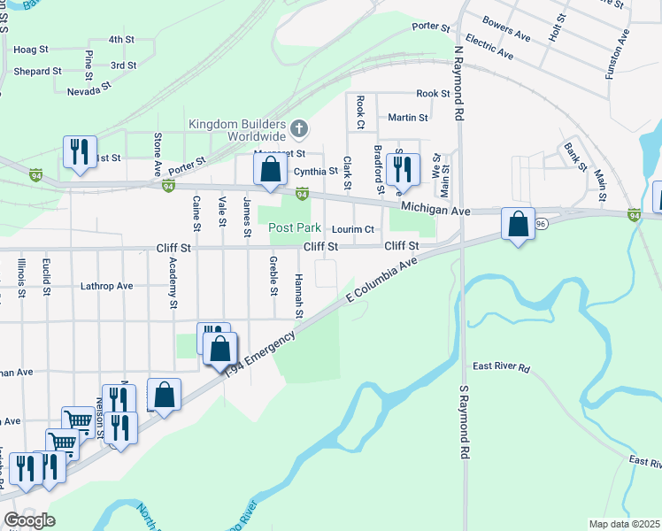 map of restaurants, bars, coffee shops, grocery stores, and more near 65 South Burdge Street in Battle Creek