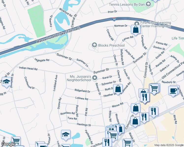 map of restaurants, bars, coffee shops, grocery stores, and more near 222 Summer Street in Framingham