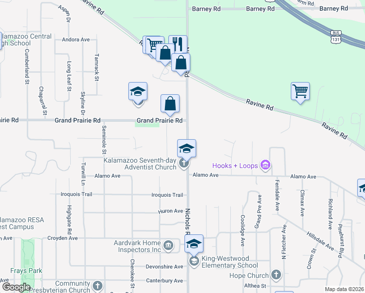 map of restaurants, bars, coffee shops, grocery stores, and more near 1801 Nichols Road in Kalamazoo