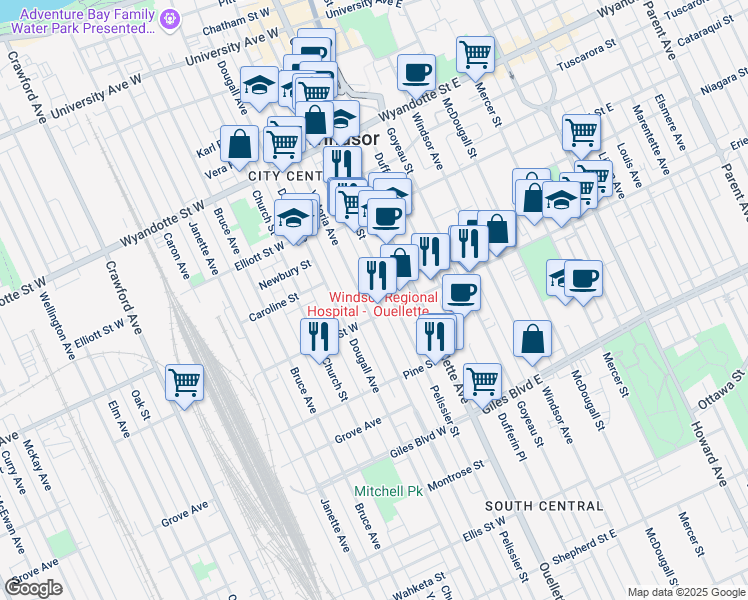 map of restaurants, bars, coffee shops, grocery stores, and more near 970 Victoria Avenue in Windsor