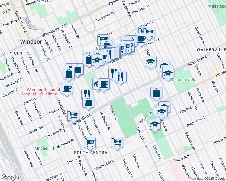 map of restaurants, bars, coffee shops, grocery stores, and more near 1158 Highland Avenue in Windsor
