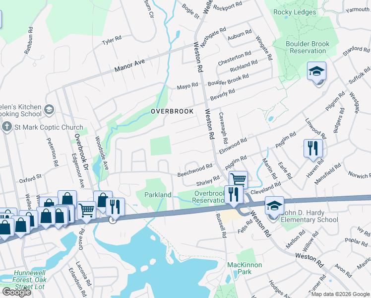 map of restaurants, bars, coffee shops, grocery stores, and more near 19 Garrison Road in Wellesley
