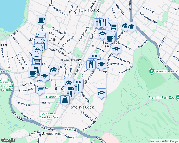 map of restaurants, bars, coffee shops, grocery stores, and more near 3381R Washington Street in Boston