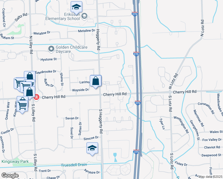map of restaurants, bars, coffee shops, grocery stores, and more near 41330 Cherry Hill Rd in Canton