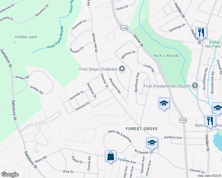 map of restaurants, bars, coffee shops, grocery stores, and more near 154 Chester Street in Worcester