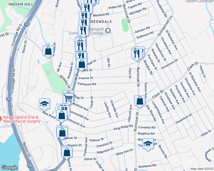 map of restaurants, bars, coffee shops, grocery stores, and more near 80 Fairhaven Road in Worcester