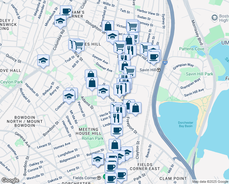 map of restaurants, bars, coffee shops, grocery stores, and more near 259 Hancock Street in Boston
