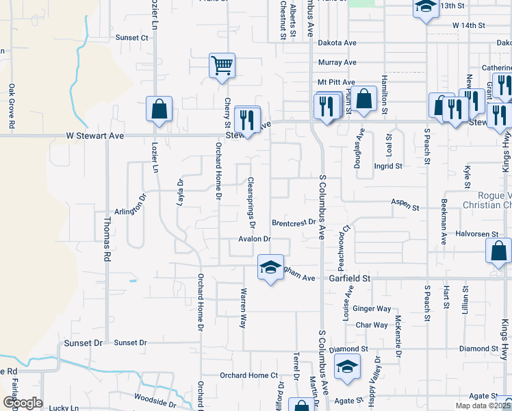 map of restaurants, bars, coffee shops, grocery stores, and more near 1387 Clearsprings Drive in Medford