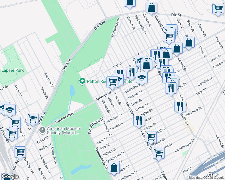 map of restaurants, bars, coffee shops, grocery stores, and more near 8748 Vernor West in Detroit