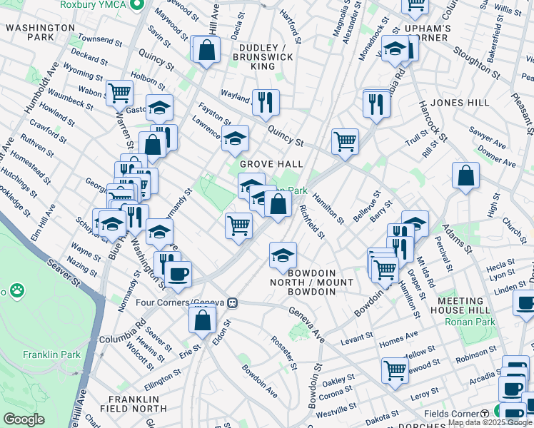 map of restaurants, bars, coffee shops, grocery stores, and more near 276 Columbia Road in Boston