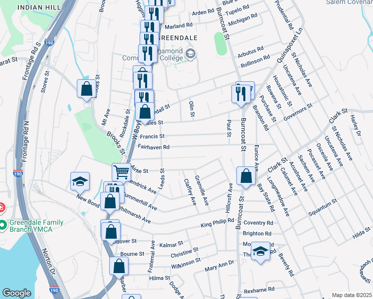 map of restaurants, bars, coffee shops, grocery stores, and more near 76 Fairhaven Road in Worcester