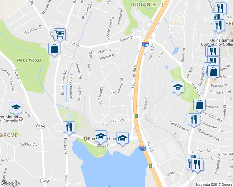 map of restaurants, bars, coffee shops, grocery stores, and more near 32 Cheyenne Road in Worcester