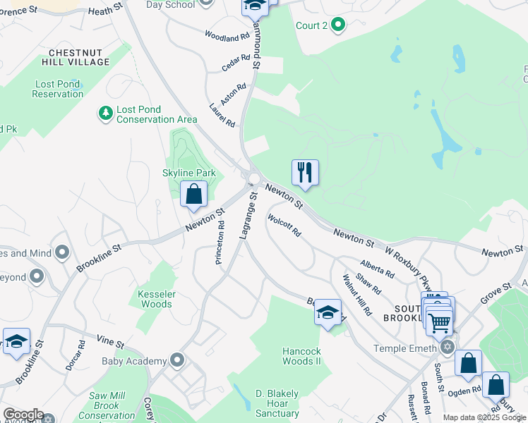 map of restaurants, bars, coffee shops, grocery stores, and more near 37 Wolcott Road in Brookline